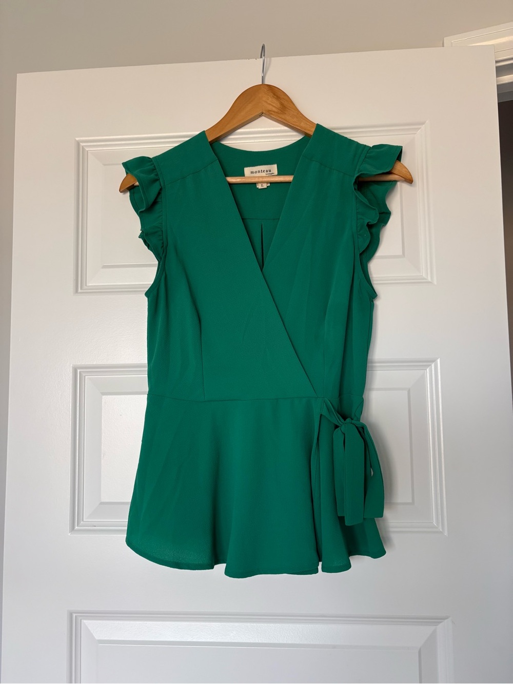 Monteau Green Wrap Peplum Blouse Size Large Office Chic Elevated Casual